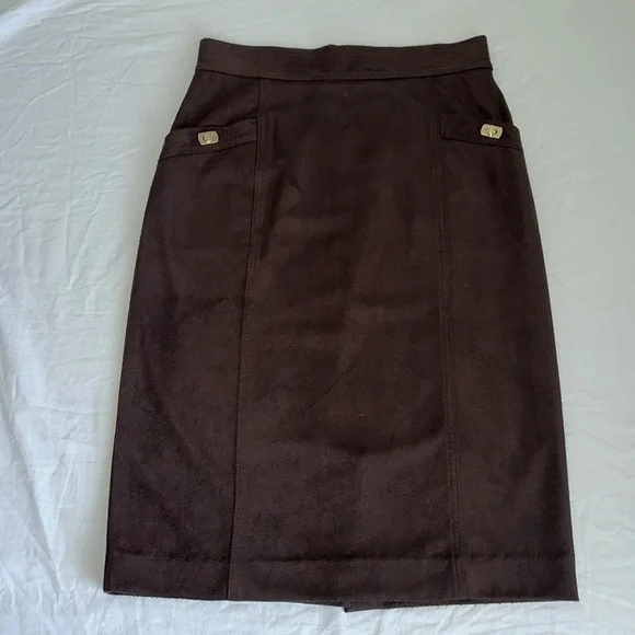 J.MCLAUGHLIN Rowena Skirt Brown, Pencil Midi In Mocha With Faux Suede Design - Picture 2 of 9